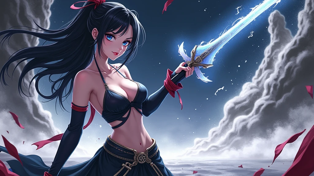 (Best Quality, 8K, Masterpiece: 1.2, Photorealistic: 1.37).a very shy magical beautiful girl with long dark black hair, piercing blue eyes. Dressed as an ninja in miniskirt, wielding a magic sword, scary diabolical world, (EXTREMELY HUGE BREASTe neckline, image of a full-body woman..Description of extreme details, vivid and intense colors, vibrant colors, bright eye,image 3D,breasts 3D,((alidad)), ((obra maestra)), (detallado), ((alta resolución)), photorealistic, hyperrealistic, 8k, highly detailed
