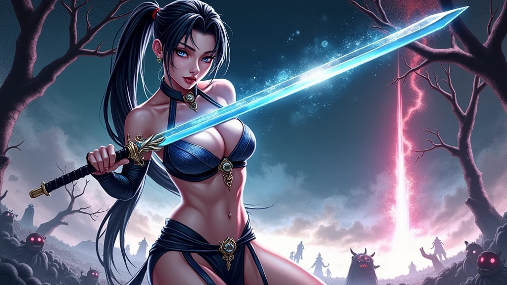 (Best Quality, 8K, Masterpiece: 1.2, Photorealistic: 1.37).a very shy magical beautiful girl with long dark black hair, piercing blue eyes. Dressed as an erotic ninja in miniskirt, wielding a magic sword, scary diabolical world, (EXTREMELY HUGE BREASTS), wide neckline, image of a full-body woman..Description of extreme details, vivid and intense colors, vibrant colors, bright eye,image 3D,breasts 3D,((mejor calidad)), ((obra maestra)), (detallado), ((alta resolución)), photorealistic, hyperrealistic, 8k, highly detailed