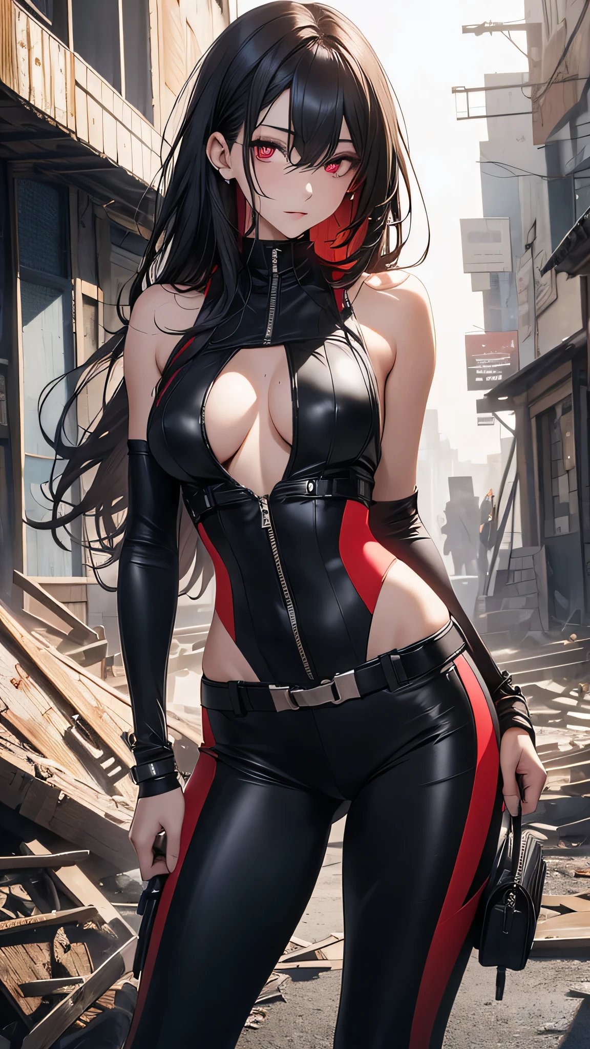 4K resolution,((Highest quality)),Ultra-high resolution,Adult women, alone, sexy, (Grim face), (Light red eyes), Beautiful and symmetrical face, (Black irregular long hair),Combat Vest,Black suit pants,Realistic:1.4,Realistic:1.4,(masterpiece:1.2),Perfect Eyes,Perfect Eyes,Ample breasts,Muscular and toned body,Perfect Legs,Dilapidated building,Holding a gun