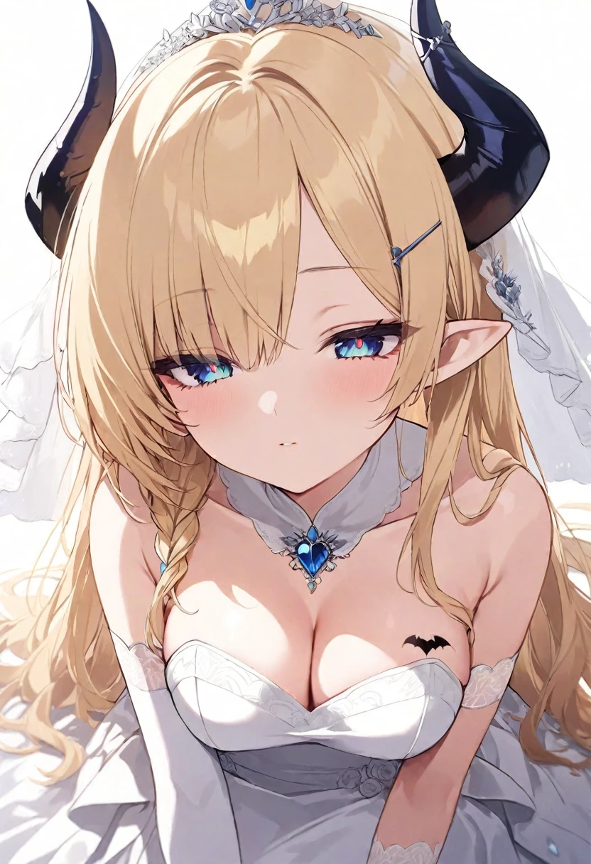 (muste piece), (best quality), (score_9, score_8_up, score_7_up), very detailed eyes, expressive eyes, perfect face, very detailed face, highly detailed face, beautiful girl, 8K, beautiful girl, (white background:1.3), delicate and beautiful face and eyes, dark intense shadow, 1 girl, solo, vtuber style, cool girl, hololive, vtuber, yuzuki choco, blonde hair, blue eyes, long hair, hair bewteen eyes, pointy ears, demon horns, breast tattoo, see-through:bride, bridal veil, bridal gauntlets, wedding dress, long dress, bridal garter, bridal legwear, white thighhighs, big chest, soft chest, cleavage, clavicle, half-closed eyes, sleeping, breathing, (full body), sleeping face, lying on bed, arm on forehead,