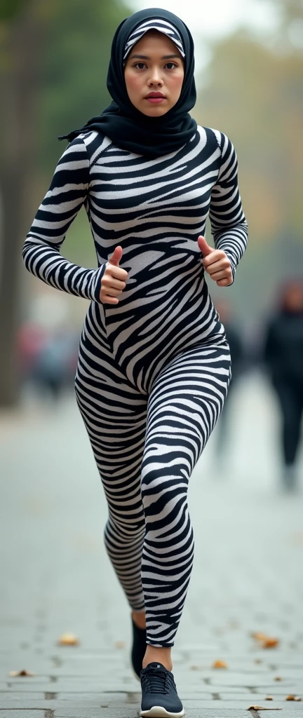 The beautiful,thin and clever asian muslimah adult girl(Islamic woman)with beautiful cheeks wears zebra print lycra turtleneck unitard catsuit covered with stripes and zebra print  lycra elastane stretchy dancewear inner hijab covered with stripes.She is running.She always put fake zebra print stripes that are made of makeup marker kit.