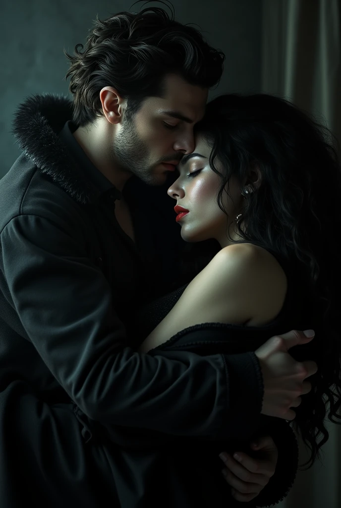 Boy in a dark room, realistic with Sebastian Stan features, very attractive, black fur, black eyes, pale skin and tall. He wears a black dress shirt, He holds a sleeping girl in his arms. She has very long black hair, fine nose, red lips and very pale skin.