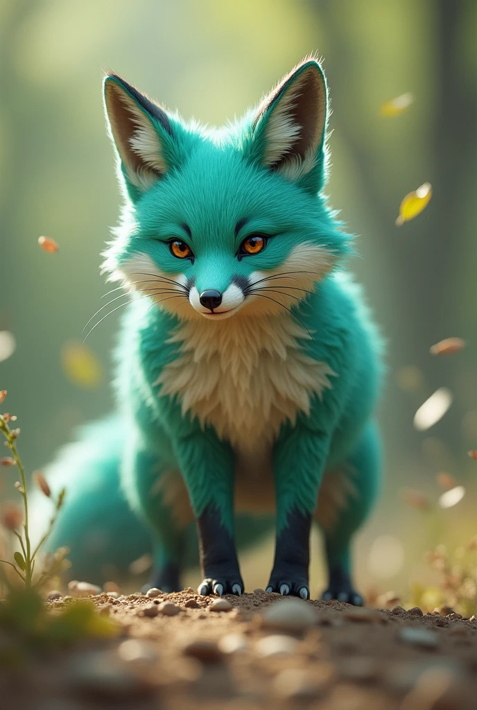 A little Tiffany green fox,Fierce expression,About to hunt a giant bird,giant bird walking on the ground,In front of the fox,The fox is in a state of overestimating his own abilities,Cute realistic style