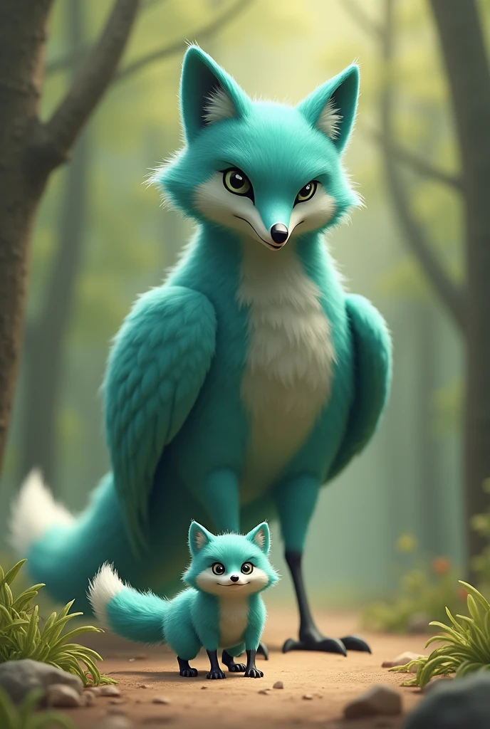 A little Tiffany green fox,Fierce expression,About to hunt a giant bird,giant bird walking on the ground,In front of the fox,The fox is in a state of overestimating his own abilities,Cute realistic style