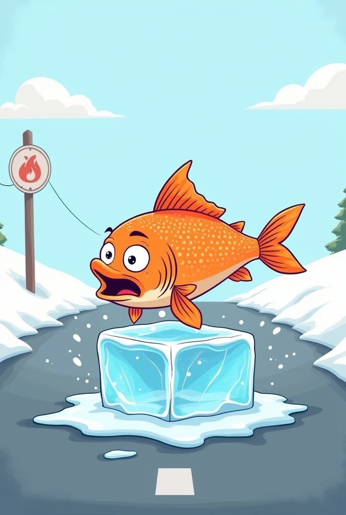 One fish slip on ice cube on road cartoon