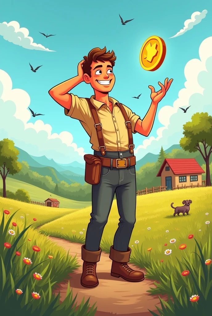 Draw a light comic for a fairy tale "Hanz in luck"
Hans is working in the field, tired, but happy, as he finishes his work. After many years of hard work, Hans receives his well-deserved reward - a large piece of gold..