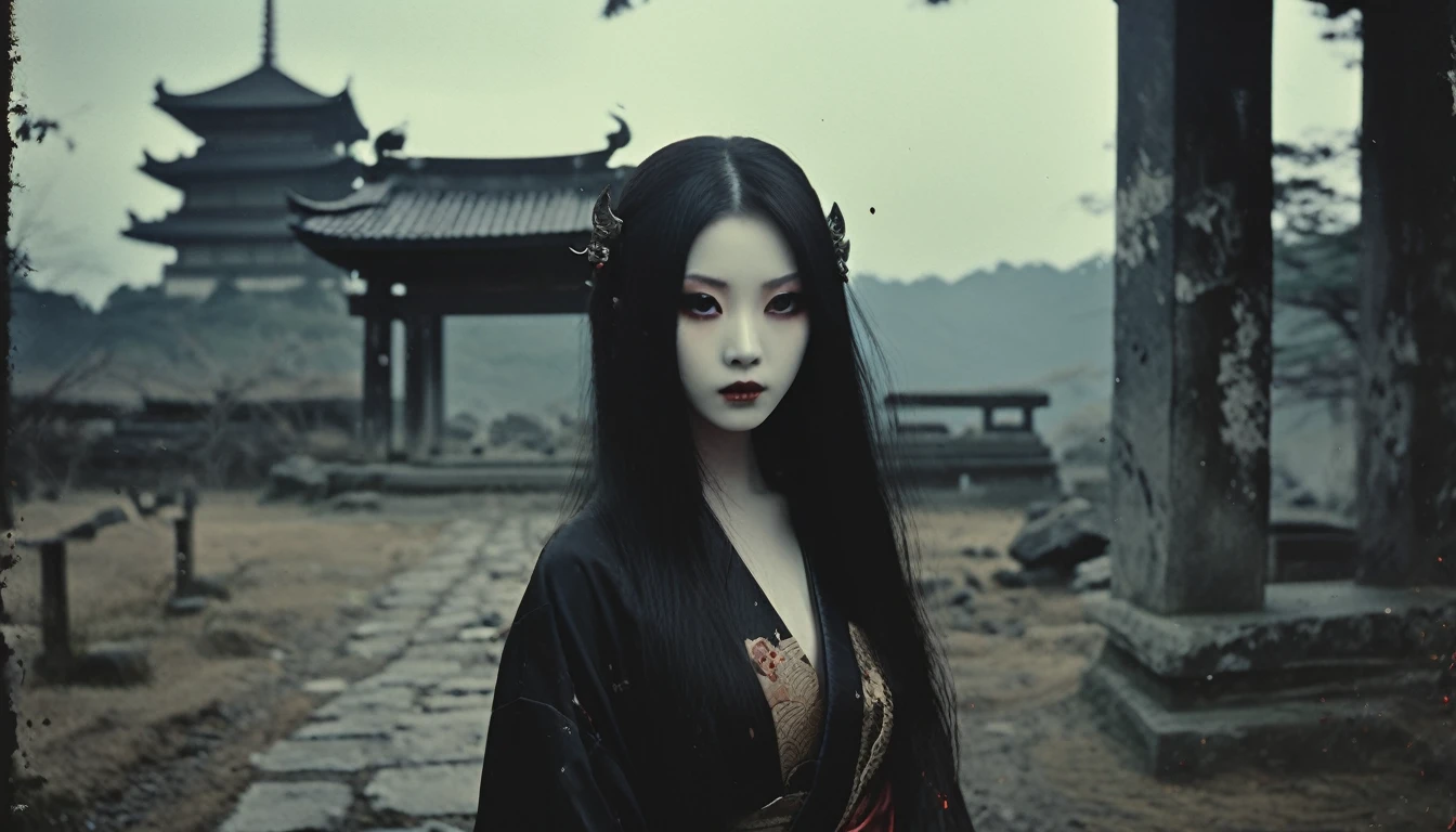 Beautiful monster girl, solo, oni girl, very long straight hair, oni, goth, horns, kimono, ancient and desecrated ruins of a japanese temple, some skulls in the ground around, spirits, yokai, vampire teeth, japanese witchery, dark haze atmosphere --ar 4:5 --s 250