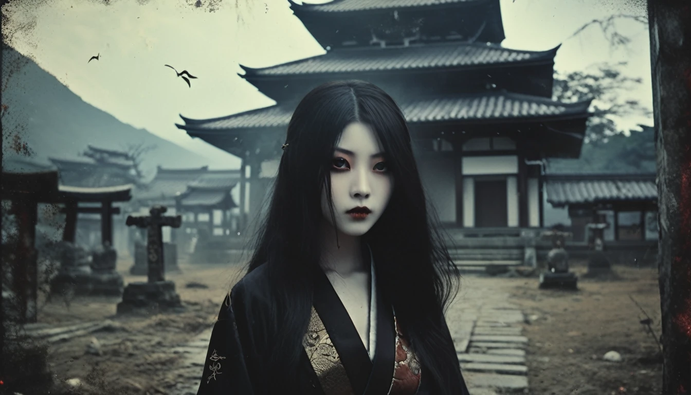 Beautiful monster girl, solo, oni girl, very long straight hair, oni, goth, horns, kimono, ancient and desecrated ruins of a japanese temple, some skulls in the ground around, spirits, yokai, vampire teeth, japanese witchery, dark haze atmosphere --ar 4:5 --s 250