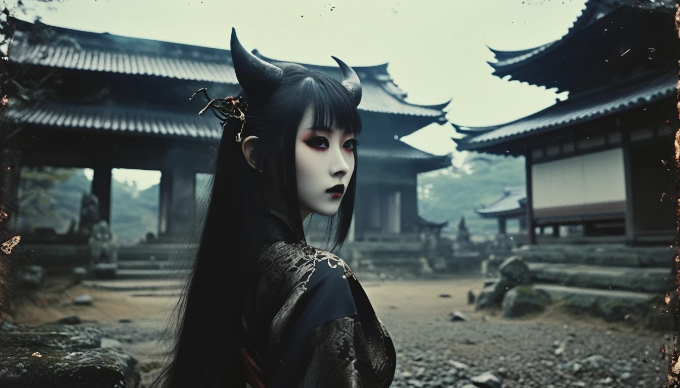 Beautiful monster girl, solo, oni girl, very long straight hair, oni, goth, horns, kimono, ancient and desecrated ruins of a japanese temple, some skulls in the ground around, spirits, yokai, vampire teeth, japanese witchery, dark haze atmosphere --ar 4:5 --s 250
