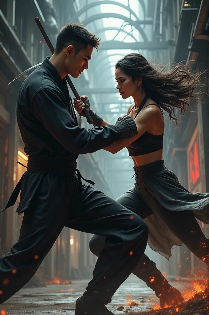 The young handsome man in the martial arts outfit is fighting with the beautiful fierce woman in assassin outfit