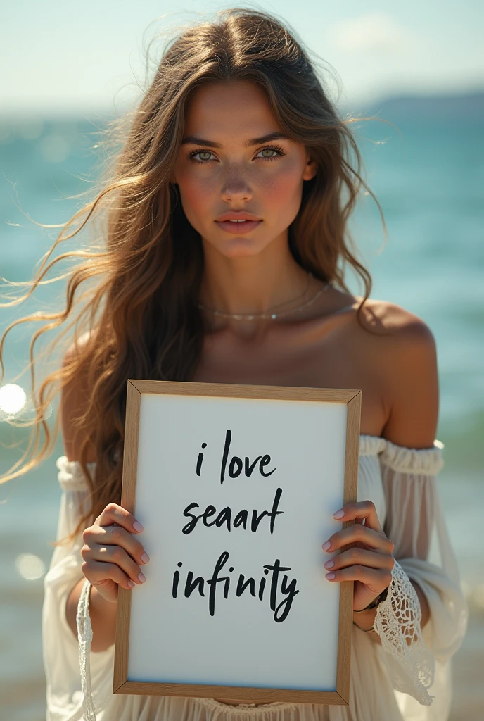 Beautiful girl with wavy long hair, bohemian dress, holding a white board with text "I Love Seaart Infinity" and showing it to the viewer