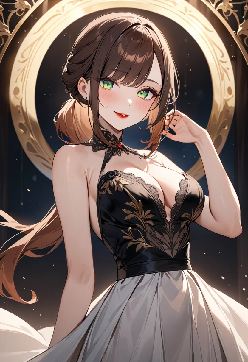 (masterpiece, top quality, very aesthetic, 4k、illustration), ()、intricate detail, 1woman,solo,contrapposto 、(gradient eyes、tareme)、Strong glowing eyes、asymmetrical bangs,Fair skin,(upper body)、beautiful women、、happy、(red lipstick),beautiful face、(gradient hair)、(brown hair)、low ponytail、sidelock ,,green eyes、Evening Dresses、medium breasts、 、