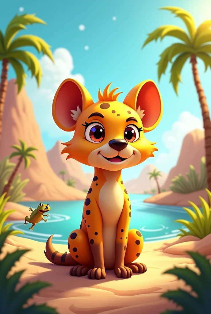 Cute hyena,cartoon,Desert,sun,palmtrees,geko,water