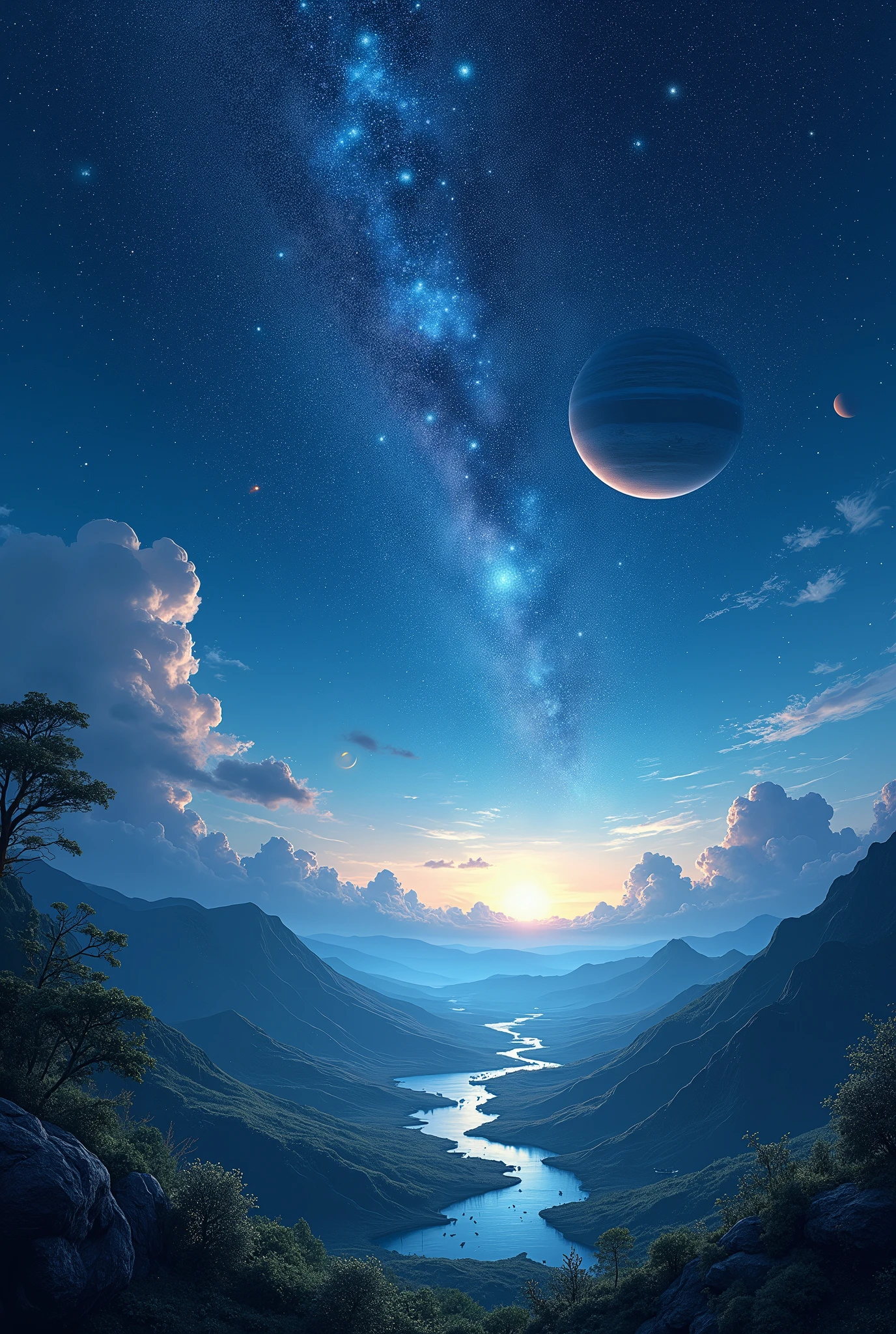 A fantastic atmosphere、The stars shine brightly in the night sky、The surface is the Earth、Neptune in the sky