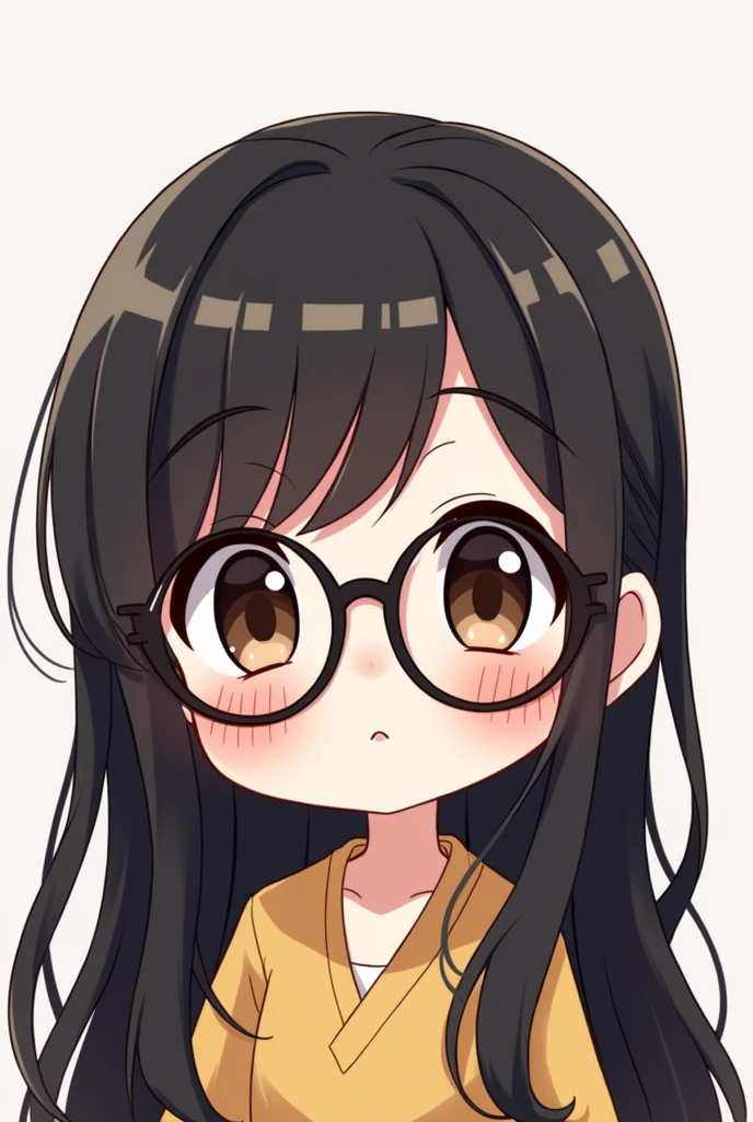 a FEMALE character in chibi style, with dark brown eyes, and long black hair with bangs, with round black glasses, Caucasian skin, just the character&#39;s face. 