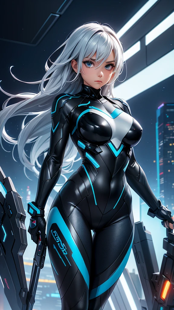 A strong, athletic woman is soaring through the sky in a sleek, futuristic combat suit. The suit is streamlined with metallic, silver and black panels that emit a soft, blue glow from its edges, indicating advanced technology. Her helmet has a clear visor, revealing her determined expression as she cuts through the clouds at high speed. The suit’s thrusters on her back and boots leave trails of blue energy as she flies. Below her, a vast city with towering skyscrapers and neon lights stretches out, while the sky above is filled with distant stars and the glow of a setting sun. Her posture is powerful and controlled, with arms slightly bent forward, as she navigates through the air with precision