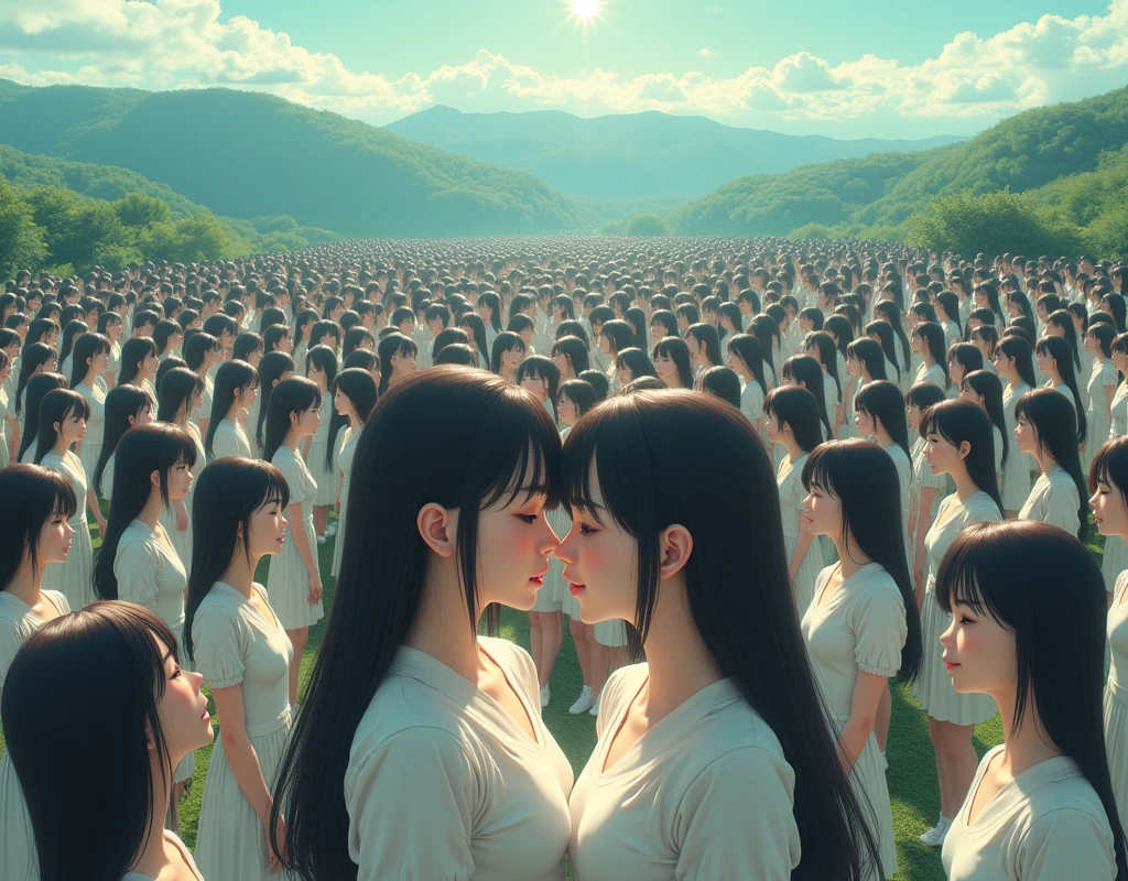 (((((Japanese Clone girls=Myself)))))), (((best masterpiece Clone girls Raw Photography Art))), (16K, Highest quality, Ultra-high resolution, RAW Photos), (((It's so unrealistic., With unparalleled depiction, With an unfathomable sight, An unprecedented and shocking worldview, Clone girls in a world of mass reproduction, Ultra-realistic))), (((Japanese, woman, 20yo, Sasaki Nozomi))), (Small face, ((Thick black hair, Short Hair))), ((V-neck short-sleeve dress)), (((((Very beautiful detailed girls, Accurate body structure, Very detailed完璧な, Super busty body with very large breasts, Clearly emphasizes cleavage))))), (((Dark Eyes, Mature face, Cute Smile, A gentle gaze))), (((Very happy laughter is beautiful))), ((((((((Very detailed分身増殖描写, ((1girl→Myself cloning→1,000,000,000,000,000,000,000,000Myself Clone girls)))))))))), ((((((((Very detailed, The precise depiction of the proliferation of Myself Clone girls, ((With the perfectly identical bodies of Myself clone girls, With the exact same face as the Myself clone girls, With the exact same hairstyle as the Myself clone girls, In the exact same clothes as the girls who are my clones, Perfectly the same height as the Myself clone girls, Super big breasts, just like the Myself clone girls)))))))))), (((Myself clone girls only))), (((Very detailed, Myself clone girls multiplication, 1,000,000,000,000,000,000,000,000Myself Clone girls→100,000,000,000,000,000,000,000,000,000,000,000,000,000,000^1,000,000,000,000,000,000Myself Clone girls))), (((Very detailed描写で, (An embrace between self, Back to Back, Myself clone girls assemble, Fun conversations with fellow Myself clone girls, A fun conversation between Myself clone girls, Myself clone girls kissing each other everywhere, Myself clone girls love each other, Myself clone girls holding hands)))), (looking at the camera), (Sexual seduction), (((Unbelievably crowded, Transcendent Myself clone girls intimately, Countless Myself clone girls surround you in 360 degrees))), (Bright and soft sunlight), (((Very wide field of view, Very detailed, Detailed ultra-perspective depiction with clear depth))), (((((Curved slope landscape))))), (((Very photographic and detailed, Myself clone girls are depicted as multiplying infinitely, filling the sky with no gaps and filling the sky with the horizon., Myself clone girls are endless and have a fun atmosphere))), (Focus on the average value of the image)