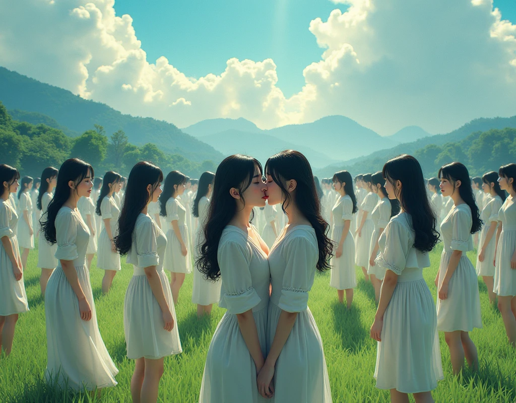 (((((Japanese Clone girls=Myself)))))), (((best masterpiece Clone girls Raw Photography Art))), (16K, Highest quality, Ultra-high resolution, RAW Photos), (((It&#39;s so unrealistic., With unparalleled depiction, With an unfathomable sight, An unprecedented and shocking worldview, Clone girls in a world of mass reproduction, Ultra-realistic))), (((Japanese, woman, 20yo, Sasaki Nozomi))), (Small face, ((Thick black hair, Short Hair))), ((V-neck short-sleeve dress)), (((((Very beautiful detailed girls, Accurate body structure, Very detailed完璧な, Super busty body with very large breasts, Clearly emphasizes cleavage))))), (((Dark Eyes, Mature face, Cute Smile, A gentle gaze))), (((Very happy laughter is beautiful))), ((((((((Very detailed分身増殖描写, ((1girl→Myself cloning→1,000,000,000,000,000,000,000,000Myself Clone girls)))))))))), ((((((((Very detailed, The precise depiction of the proliferation of Myself Clone girls, ((With the perfectly identical bodies of Myself clone girls, With the exact same face as the Myself clone girls, With the exact same hairstyle as the Myself clone girls, In the exact same clothes as the girls who are my clones, Perfectly the same height as the Myself clone girls, Super big breasts, just like the Myself clone girls)))))))))), (((Myself clone girls only))), (((Very detailed, Myself clone girls multiplication, 1,000,000,000,000,000,000,000,000Myself Clone girls→100,000,000,000,000,000,000,000,000,000,000,000,000,000,000^1,000,000,000,000,000,000Myself Clone girls))), (((Very detailed描写で, (An embrace between self, Back to Back, Myself clone girls assemble, Fun conversations with fellow Myself clone girls, A fun conversation between Myself clone girls, Myself clone girls kissing each other everywhere, Myself clone girls love each other, Myself clone girls holding hands)))), (looking at the camera), (Sexual seduction), (((Unbelievably crowded, Transcendent Myself clone girls intimately, Countless Myself clone girls surround you in 360 degrees))), (Bright and soft sunlight), (((Very wide field of view, Very detailed, Detailed ultra-perspective depiction with clear depth))), (((((Curved slope landscape))))), (((Very photographic and detailed, Myself clone girls are depicted as multiplying infinitely, filling the sky with no gaps and filling the sky with the horizon., Myself clone girls are endless and have a fun atmosphere))), (Focus on the average value of the image)