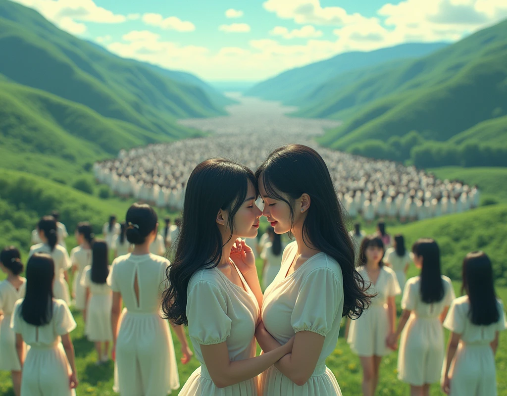 (((((Japanese Clone girls=Myself)))))), (((best masterpiece Clone girls Raw Photography Art))), (16K, Highest quality, Ultra-high resolution, RAW Photos), (((It's so unrealistic., With unparalleled depiction, With an unfathomable sight, An unprecedented and shocking worldview, Clone girls in a world of mass reproduction, Ultra-realistic))), (((Japanese, woman, 20yo, Sasaki Nozomi))), (Small face, ((Thick black hair, Short Hair))), ((V-neck short-sleeve dress)), (((((Very beautiful detailed girls, Accurate body structure, Very detailed完璧な, Super busty body with very large breasts, Clearly emphasizes cleavage))))), (((Dark Eyes, Mature face, Cute Smile, A gentle gaze))), (((Very happy laughter is beautiful))), ((((((((Very detailed分身増殖描写, ((1girl→Myself cloning→1,000,000,000,000,000,000,000,000Myself Clone girls)))))))))), ((((((((Very detailed, The precise depiction of the proliferation of Myself Clone girls, ((With the perfectly identical bodies of Myself clone girls, With the exact same face as the Myself clone girls, With the exact same hairstyle as the Myself clone girls, In the exact same clothes as the girls who are my clones, Perfectly the same height as the Myself clone girls, Super big breasts, just like the Myself clone girls)))))))))), (((Myself clone girls only))), (((Very detailed, Myself clone girls multiplication, 1,000,000,000,000,000,000,000,000Myself Clone girls→100,000,000,000,000,000,000,000,000,000,000,000,000,000,000^1,000,000,000,000,000,000Myself Clone girls))), (((Very detailed描写で, (An embrace between self, Back to Back, Myself clone girls assemble, Fun conversations with fellow Myself clone girls, A fun conversation between Myself clone girls, Myself clone girls kissing each other everywhere, Myself clone girls love each other, Myself clone girls holding hands)))), (looking at the camera), (Sexual seduction), (((Unbelievably crowded, Transcendent Myself clone girls intimately, Countless Myself clone girls surround you in 360 degrees))), (Bright and soft sunlight), (((Very wide field of view, Very detailed, Detailed ultra-perspective depiction with clear depth))), (((((Curved slope landscape))))), (((Very photographic and detailed, Myself clone girls are depicted as multiplying infinitely, filling the sky with no gaps and filling the sky with the horizon., Myself clone girls are endless and have a fun atmosphere))), (Focus on the average value of the image)