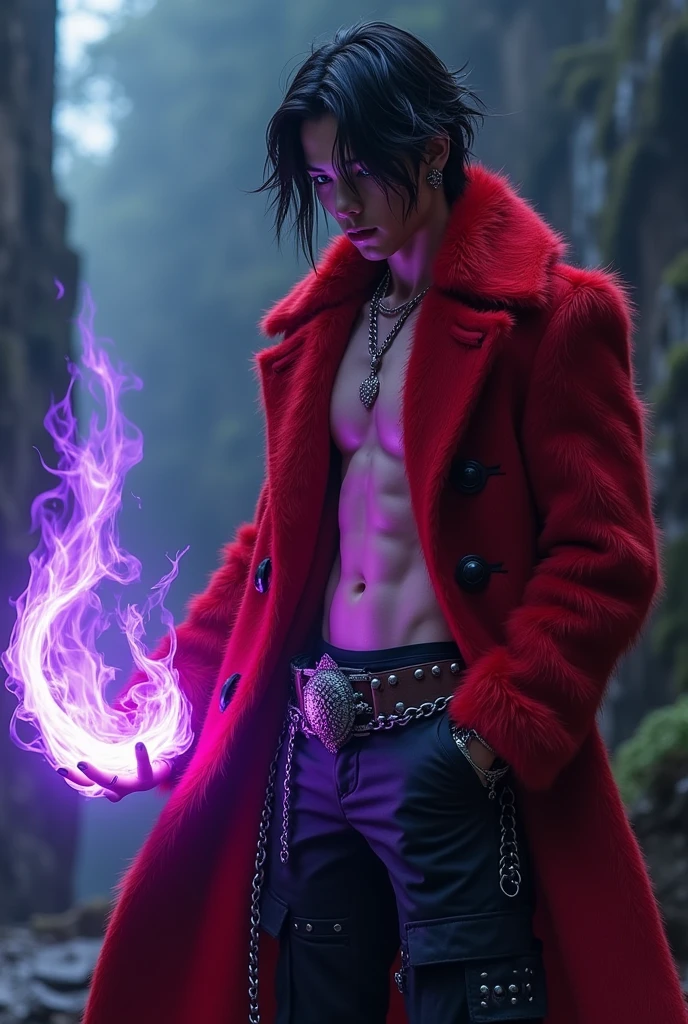 Male age 25, white skin, blue eyes, deep eyes, waist length hair, violet crecent moon on the forehead, scarlet red furry trench matrix gabardine open, black cargo pants, only left arm on violet flames, cyberpunk japanese style, chains around the belt, athletic, magic powers, action, sexy look, leather brown boots with metal pins, black cat nails, jojo's pose, night background