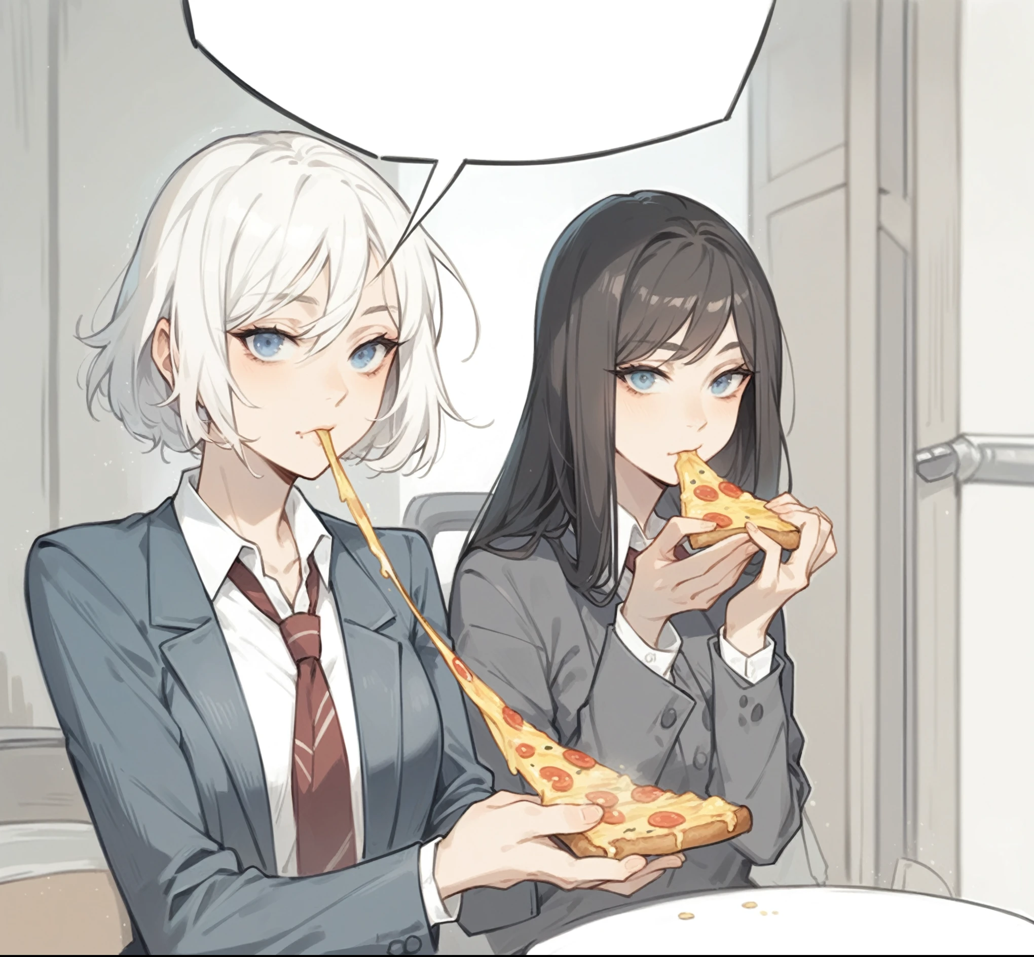 2 Woman, beautiful women eating pizza, ((intrikate)), looking at the viewer, dramatic lighting, detailded, work of art, short white hair, hair long black, female focus, mellow, bonitas, tall and beautiful guy, sexy look, blue colored eyes, holding up a pizza, suggestive look