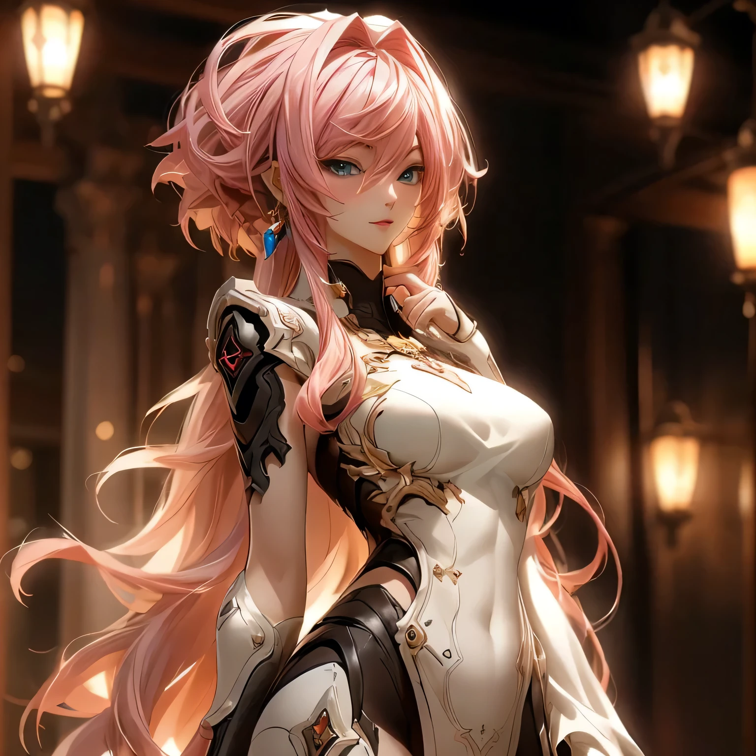 (best quality)), ((Masterpiece)), (details:1.4), 3d, HDR (high dynamic range), an image of a beautiful cyberpunk female, pink hair, Curtain Bangs, Golden eyes, hips up, จมูกโด่ง, ปากแดง, หน้าอกใหญ่, nvidia RTX, PBR surface, After processing, Anisotropic filtration,depth of field, Maximum clarity and clarity, multi-layered surface, Subsurface scattering, perfect proportions, 8K raw files, ultra detailed, Perfect proportions, volumetric lighting, soft lighting, Holy Paladin, Light black Armor, glossy skin, castle background, jewely, ต่างหู, นิ้วมือสมบูรณ์,