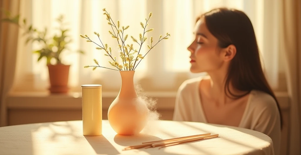 There is a vase on the table, straw, Designed for comfort and aesthetics!, woman, Detailed scenario, thing, filter, Let's go,, Light colors, author:Emma Andijewska, Product introduction photos, 2 colors, sunny morning light, Product introduction photoss, Kawaii, notice, (mist) Cute style
