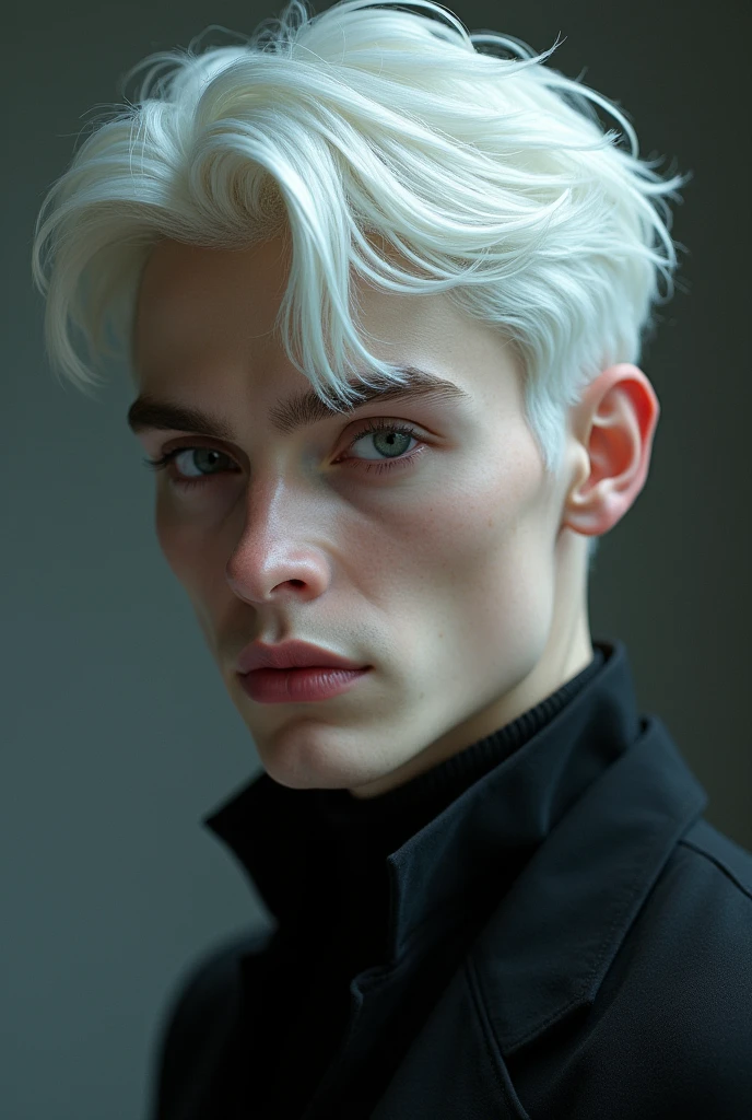 A guy with an attractive and elegant face, short shiny white hair, porcelain pale skin and abysmal black black eyes