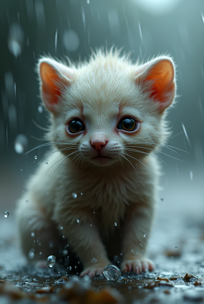 Kit’s fur soaked and clinging to his tiny body in the storm