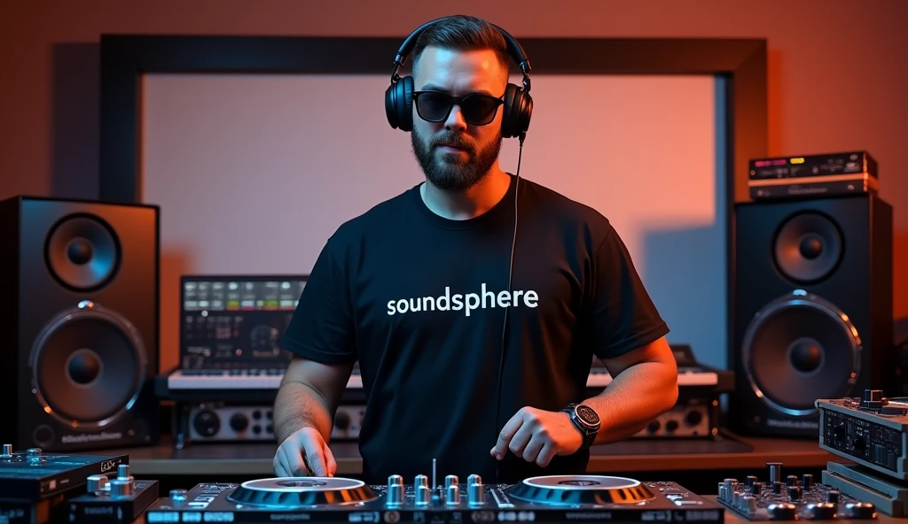 A man in a DJ music studio wearing sunglasses, headphones and a black T-shirt that says SoundSphereTunes, looks straight ahead