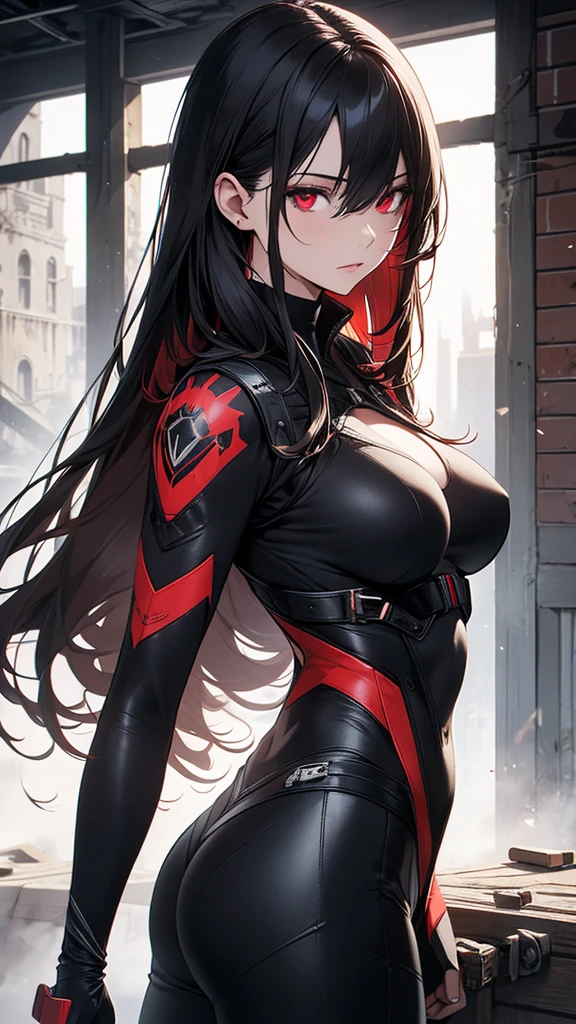 4K resolution,((Highest quality)),Ultra-high resolution,Adult women, alone, sexy, (Grim face), (Light red eyes), Beautiful and symmetrical face, (Black irregular long hair),Combat Vest,Black suit pants,Realistic:1.4,Realistic:1.4,(masterpiece:1.2),Perfect Eyes,Perfect Eyes,Ample breasts,Muscular body,Perfect Legs,Dilapidated building,Holding a gun