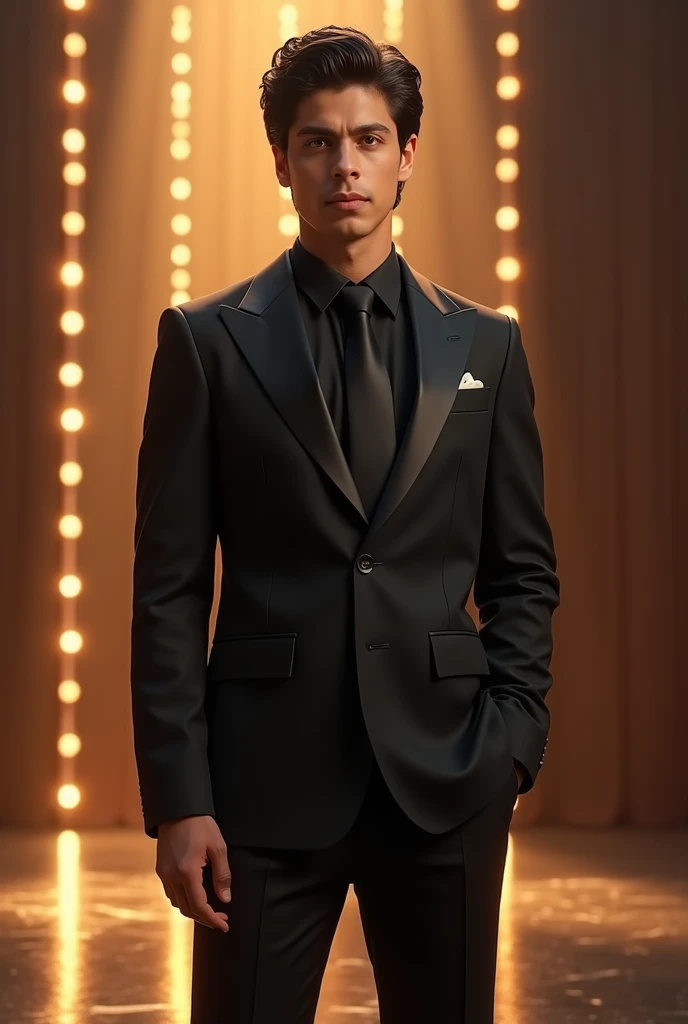 A handsome boy having wearing a black suit with shahrukh Khan on stage