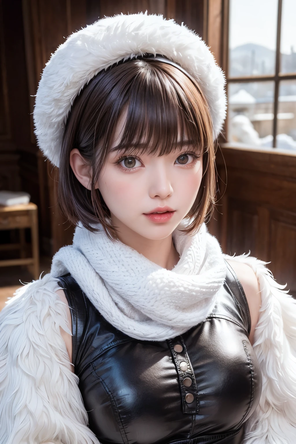 (masterpiece, Highest quality),One Girl, solo, Black-haired, scarf, hat, Realistic, Realistic, Looking at the audience, Light-coloured black eyes, Short brunette bob hair, Brown coat, Winter clothes, White headscarf, Lips, Bans, Plein Air, Mouth closed, Upper body、Big eyes、Eyelashes、((Beautiful landscape with sparkling snow))、(((Short bob hair with bangs、Shiny Hair、Big eyes、large full chest、Intensely accentuates the eyes、Staring at the audience、Beautiful beauty、Listen carefully、Long neck、Smile a little、Please close your mouth and laugh、Ideal body proportions)))、{huge|big|hugeな|Mega} chest:2, chestの谷間:2