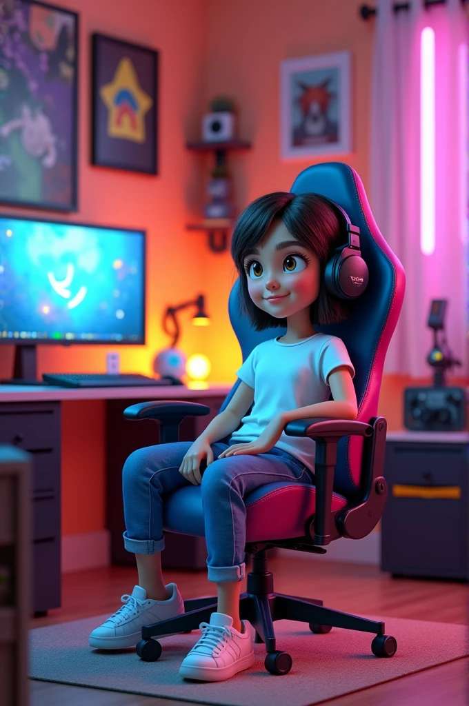 In cinematic 3D cartoon style " a girl' wearing Casual clothes sitting in a gaming chair in gaming room