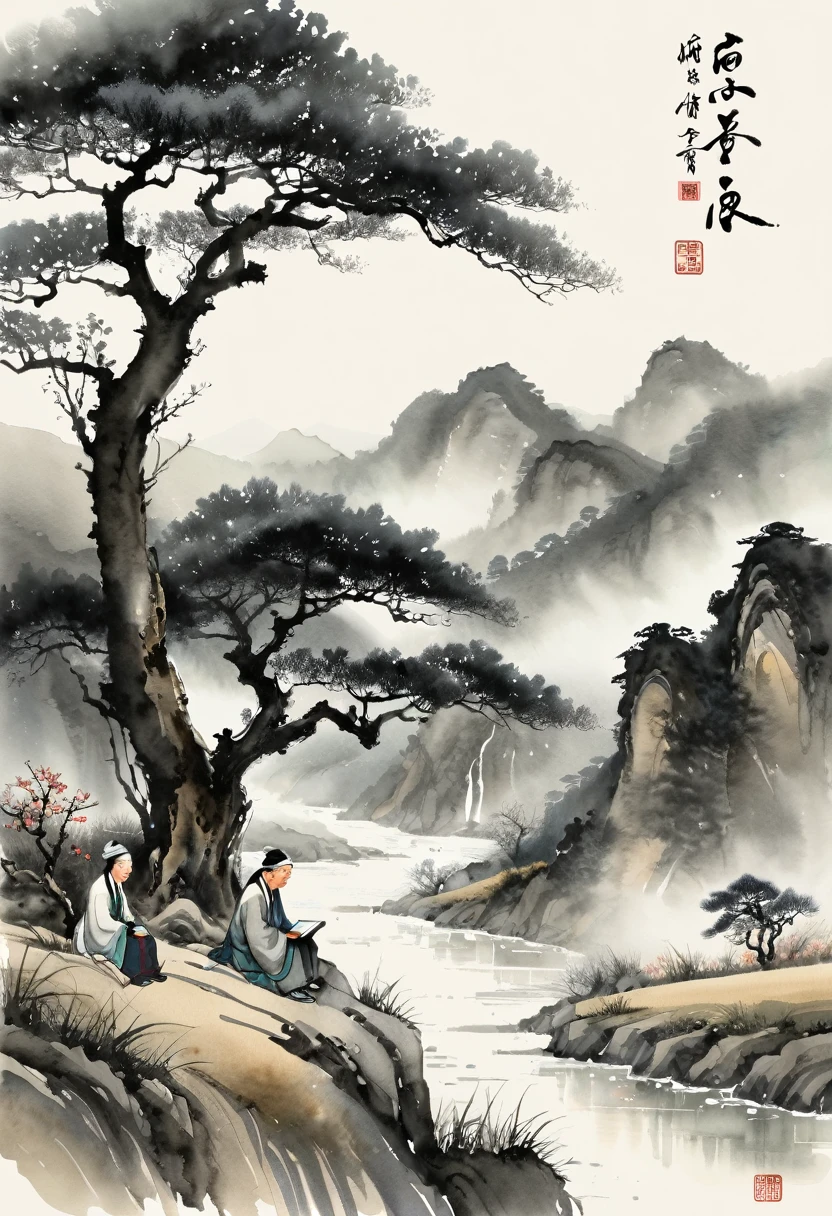 Ink Painting, Chinese ink painting style, modern style, Watercolor style, dyeing, Black and White Art, The Minimalists, 8K, Ultra-fine details, Surrealism, masterpiece, best quality.
A poetic and serene landscape painting in traditional Chinese ink painting style, Describing deep mountains and valleys. A kind old man sits in front of a big old tree, Surrounded by four students. They gather around a blooming daffodil,Exudes a mysterious scent. The old man, Hold an open book, 正在热情地给认真听讲的Students讲解《The Book of Songs》. Students, Everyone has a book in their hands, Engage in lively discussions and thoughtful conversations with elders. Scene captures the essence of intelligence, study, And the beauty of nature, Rendered with delicate ink strokes and subtle watercolor tones.