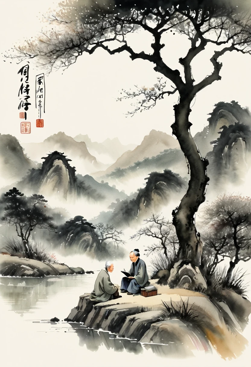 Ink Painting, Chinese ink painting style, modern style, Watercolor style, dyeing, Black and White Art, The Minimalists, 8K, Ultra-fine details, Surrealism, masterpiece, best quality.
A poetic and serene landscape painting in traditional Chinese ink painting style, Describing deep mountains and valleys. A kind old man sits in front of a big old tree, Surrounded by four students. They gather around a blooming daffodil,Exudes a mysterious scent. The old man, Hold an open book, 正在热情地给认真听讲的Students讲解《The Book of Songs》. Students, Everyone has a book in their hands, Engage in lively discussions and thoughtful conversations with elders. Scene captures the essence of intelligence, study, And the beauty of nature, Rendered with delicate ink strokes and subtle watercolor tones.