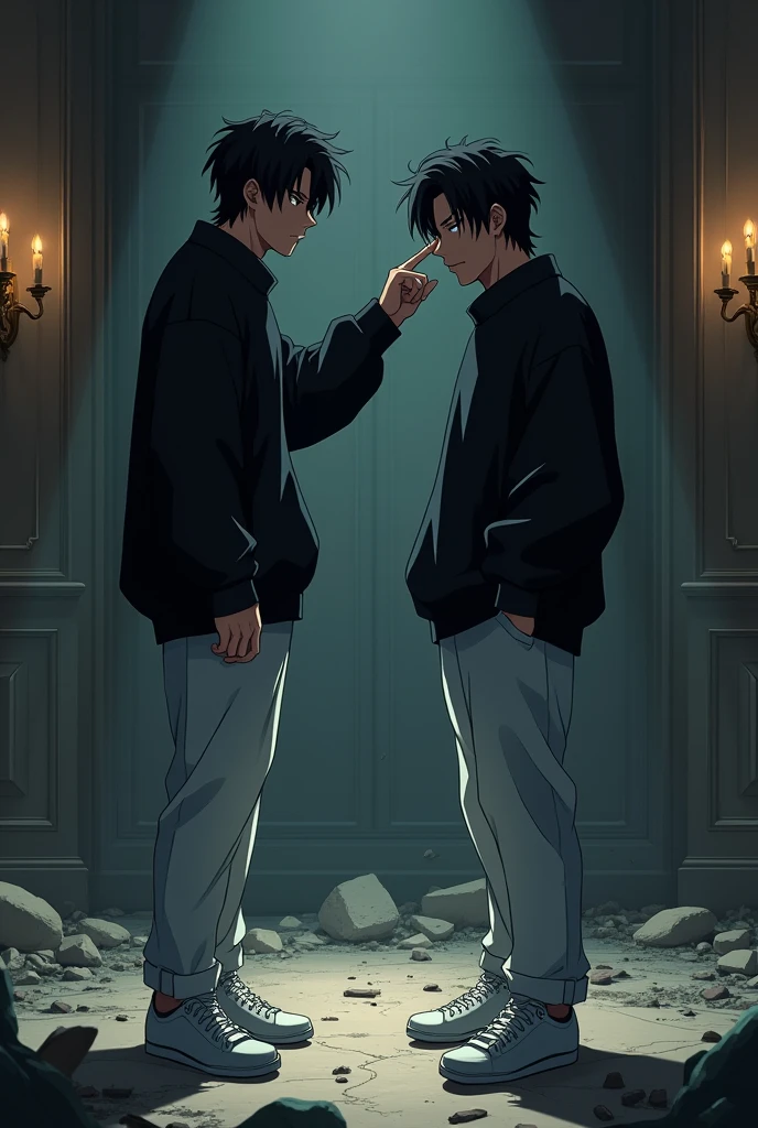 The image is anime style with shadows and dim lights, anime style although somewhat adult and dark, It shows a 2 adult man who has black eyes and medium-long black hair as well., He is pointing at his head with his finger in the middle of a destroyed luxurious room. His gaze is extremely serious and determined. He is wearing an oversized black sweater and white pants with white sneakers.. 