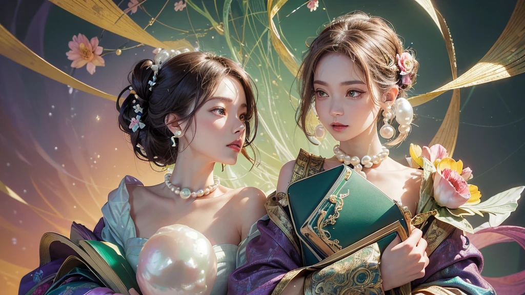32K, 最高quality, 最高masterpiece, (ultra-Detailed Background, Detailed Background), High resolution, Super detailed, Very detailedな, 1 personの, (bouquet:1.3), (Tangled:1.2), (Geometric:1.2),(colorful),(masterpiece, quality, best quality, Official Art, Beautiful and beautiful:1.2), (1 person:1.3), Very detailed,(colorful:1.1)(Flowers:1.3),Most detailed,(Tangled:1.2), whole body, (Abstract background:1.3), (Skin glows), (Many colors:1.4), ,(Earrings Pearl:1.5), Light green background, It's imaginative., Brunette Hair, Updo, Holding a book, Holding a pen, Satin shirt,