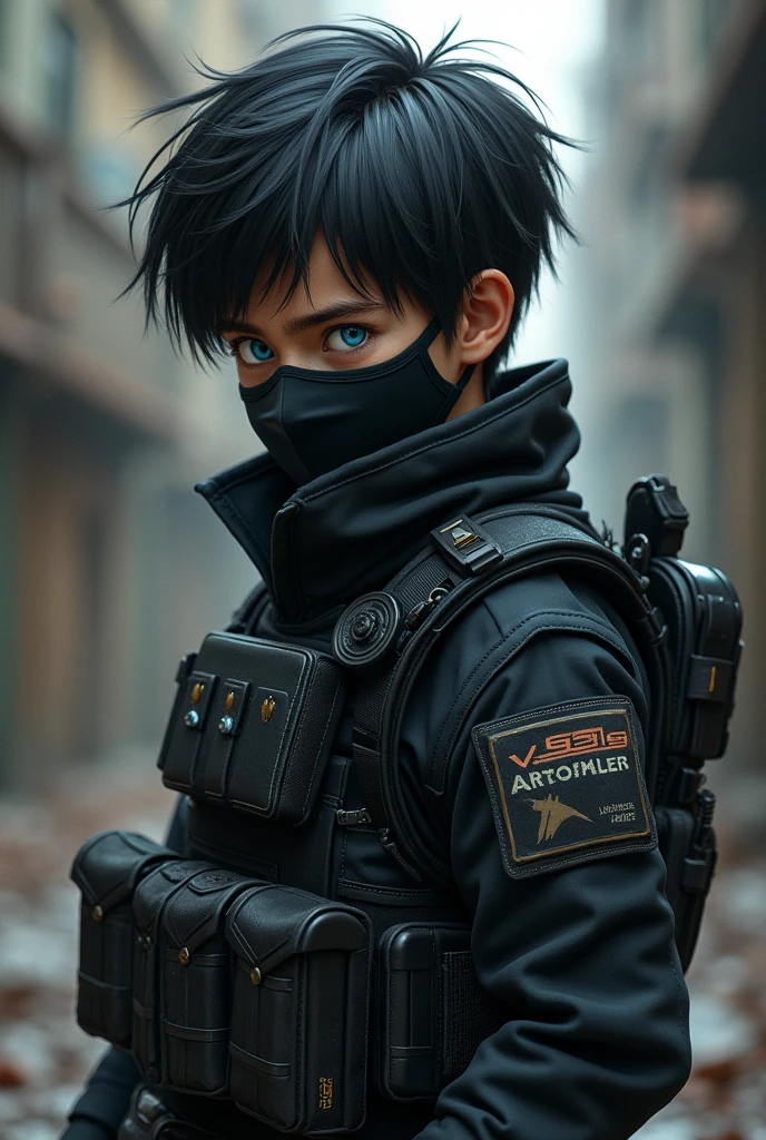 A frictional boy with black hair and blue eyes with black mask and wears a high level commando dress 