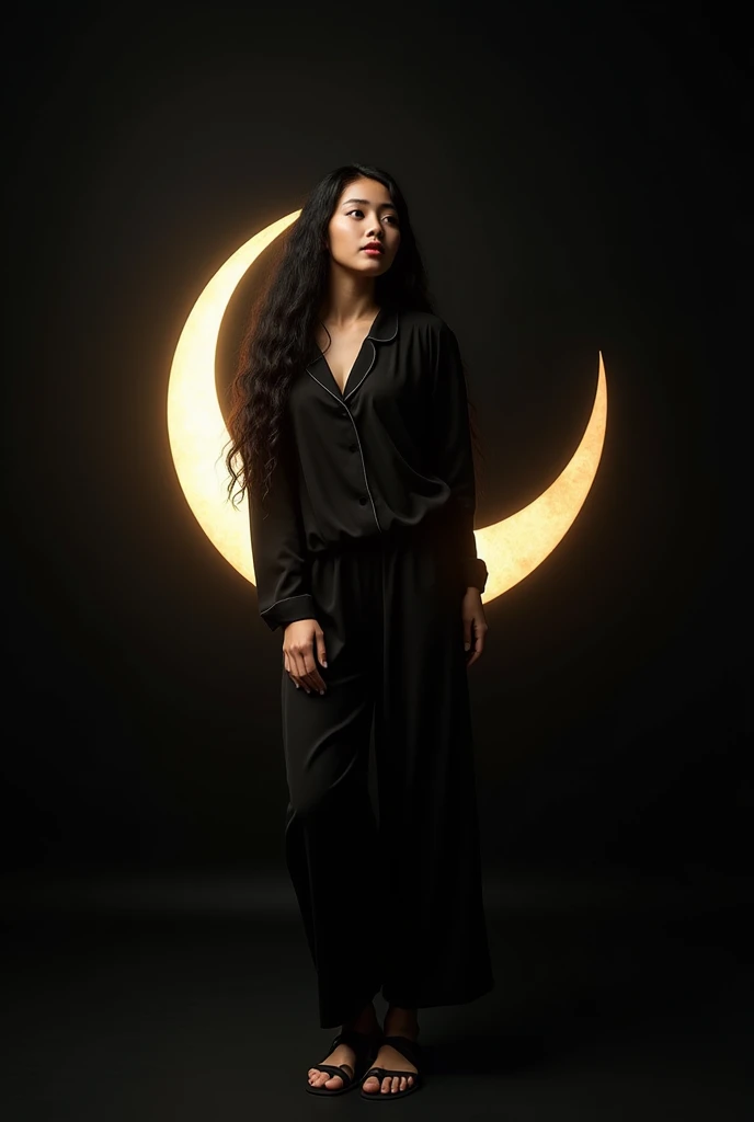 (photorealism:1.2), Asian woman with black wavy hair, wearing black pajamas, black sandals, sitting leaning on the shining crescent moon, plain black background
