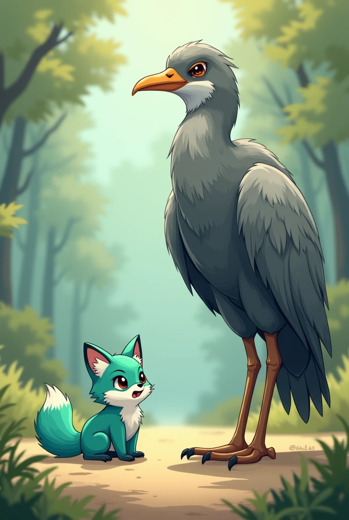 A little Tiffany green fox,About to hunt a giant gray bird,giant bird walking on the ground,In front of the fox,The fox is in a state of overestimating his own abilities,Cute realistic style