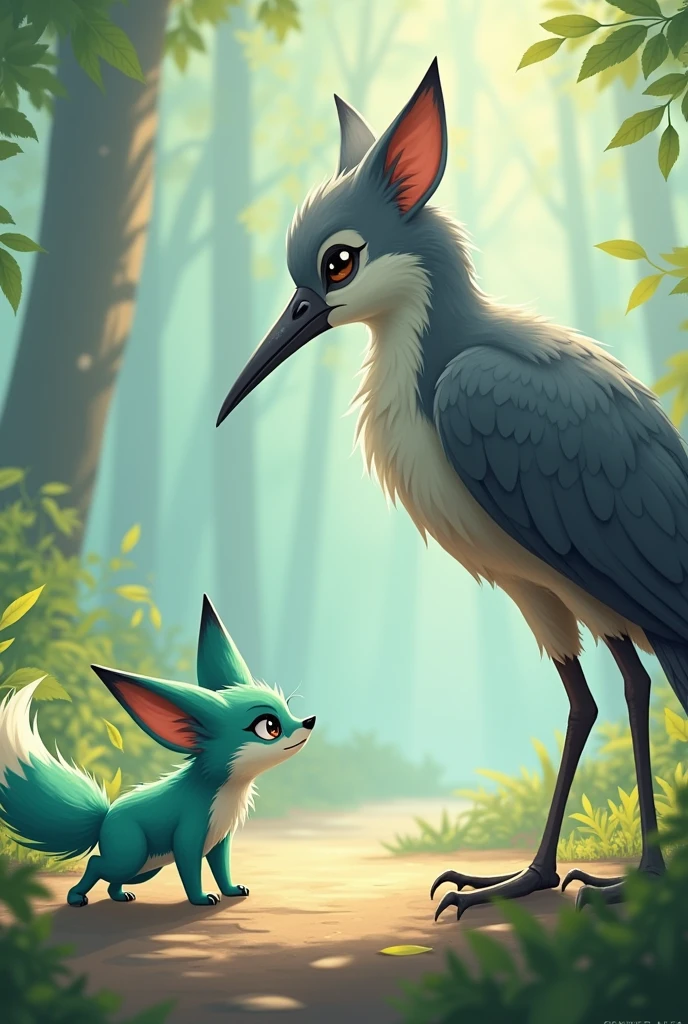 A little Tiffany green fox,About to hunt a giant gray bird,giant bird walking on the ground,In front of the fox,The fox is in a state of overestimating his own abilities,Cute realistic style