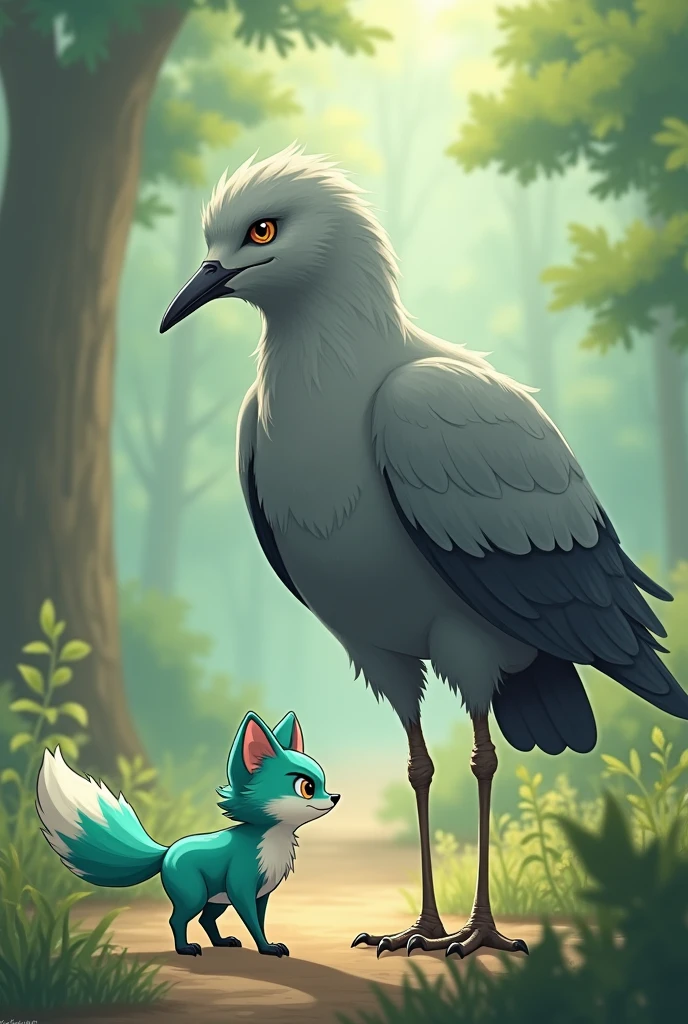 A little Tiffany green fox,About to hunt a giant gray bird,giant bird walking on the ground,In front of the fox,The fox is in a state of overestimating his own abilities,Cute realistic style