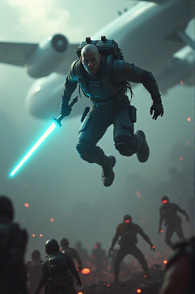 A soldier is jumping from the plane with a laser sword, beneath him are zombies