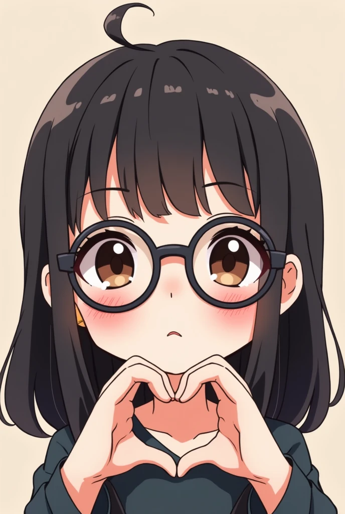 a FEMALE character in chibi style, with dark brown eyes, and long black hair with bangs, with round black glasses, Caucasian skin, Making a heart with your hands, just the character&#39;s face