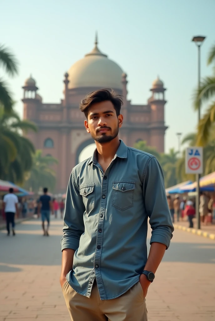 একটি শহরের ছেলে যার বয়স ২০। পরনে শার্ট আর প্যান্ট। নারায়ণগঞ্জের বিখ্যাত জায়গার সাথে দাঁড়িয়ে আছে।