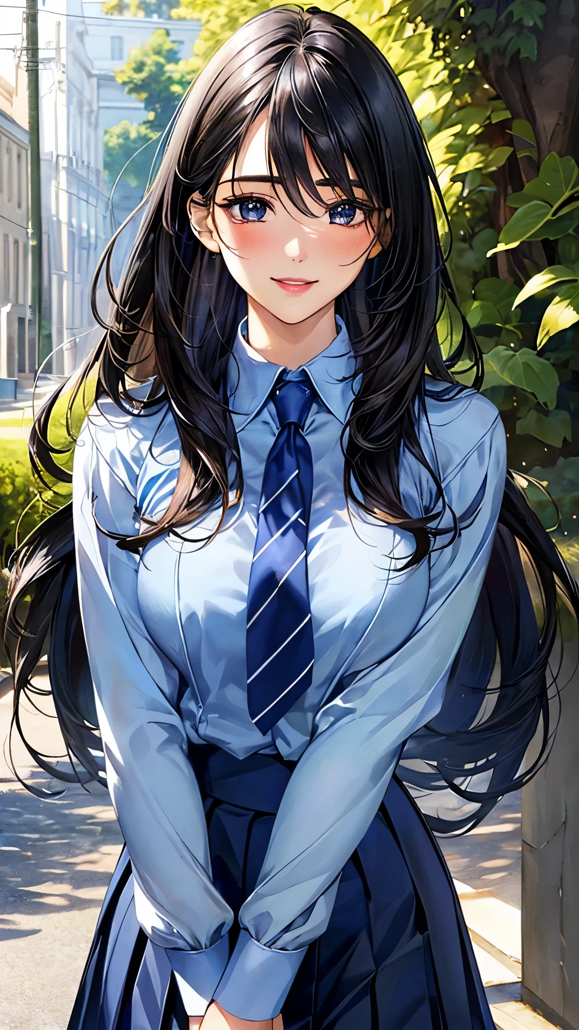 (masterpiece:1.2, top-quality), (realistic, photorealistic:1.4), beautiful illustration, perfect lighting, colorful, depth of fields,
beautiful detailed hair, beautiful detailed face, beautiful detailed eyes, beautiful clavicle, beautiful body, beautiful chest, beautiful thigh, beautiful legs, beautiful fingers, slender,
looking at viewer, (face focus, upper body), 1 girl, high school girl, (perfect anatomy, anatomically correct, super detailed skin), cute symmetrical face, , perfect face, perfect eyes,
(long hair:1.2, straight hair:1.2, sideburns, black hair), hair between eyes, blue eyes, drooping eyes, (large breasts:0.8, large ass, seductive thighs, skin dentation), perfect body, shiny skin,
(detailed cloth texture, long sleeve light blue collared shirt, navy pleated skirt, cobalt blue tie),
(beautiful scenery), morning, (sapporo, outdoors), standing, (lovely smile, upper eyes, parted lips),