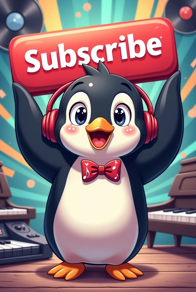 A cheerful penguin, wearing a pair of cool headphones, stands with a big smile, holding up a bright red "Subscribe" button with both flippers. Behind the penguin, there's a colorful backdrop featuring musical elements—like a set of piano keys, vinyl records, and soundwave patterns. The penguin's eyes are wide and friendly, and it wears a tiny bow tie adorned with musical notes. The scene has a fun, vibrant feel, blending the joy of music with an inviting call to action.
((best quality)), ((masterpiece)), (detailed), Subscribe button, animestyle
