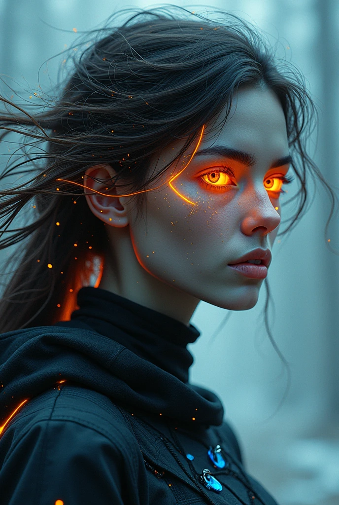 Cyber Woman face,orange an blue outlines,Hair in Wind, mystical