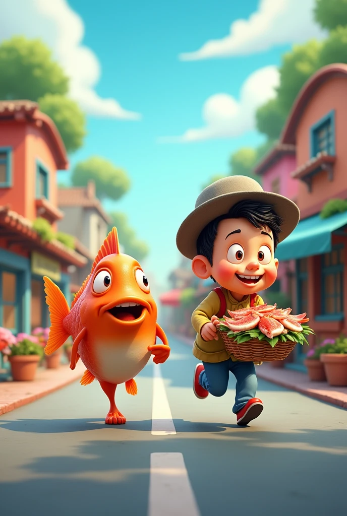 One fish and fish seller running back to back on road cartoon 